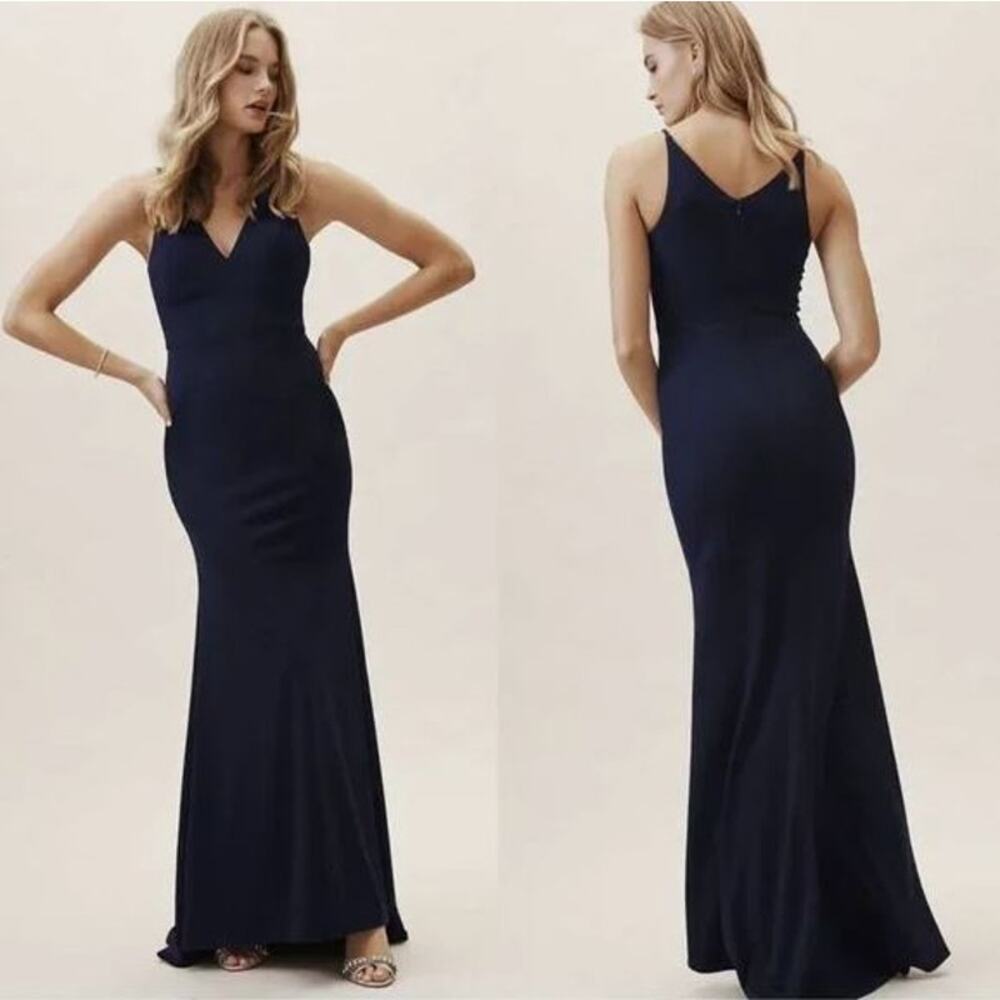 BHLDN Jones Stretch Crepe V-Neck Long Gown Formal Midnight Blue Womens Size 12